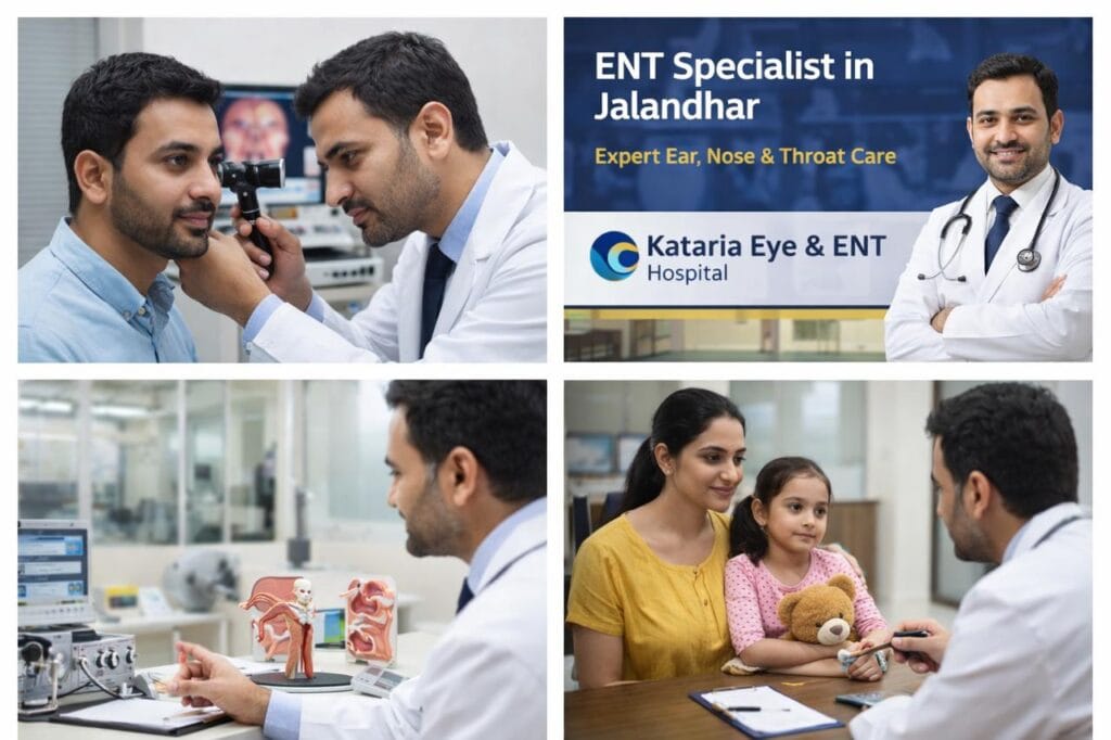 ENT specialist in Jalandhar examining a patient’s ear at Kataria Eye and ENT Hospital