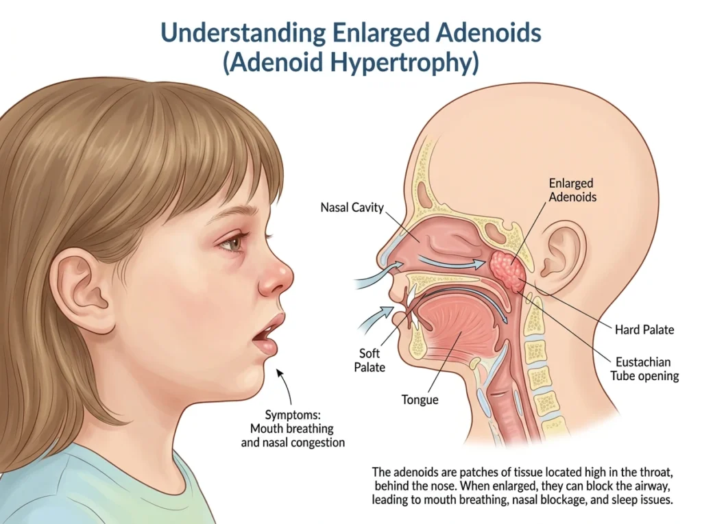 Child showing symptoms of enlarged adenoids with nasal blockage illustration